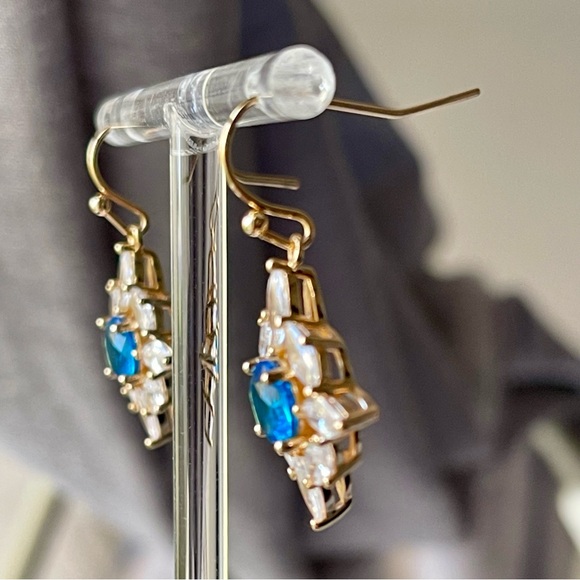 Bomb Party | Blue Center Stone and Clear Marquis Shaped CZ Gold Plated Earrings - Picture 7 of 13